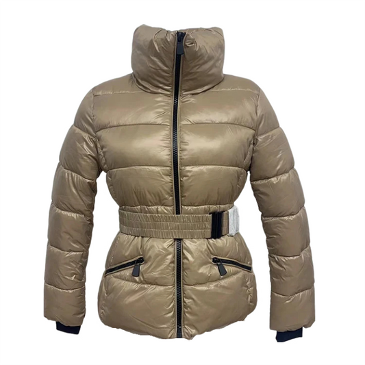 Anychic Womens Padded Puffer Jacket Medium Beige Coat With Hood Outdoor Warm Lightweight Outwear With Storage Bag