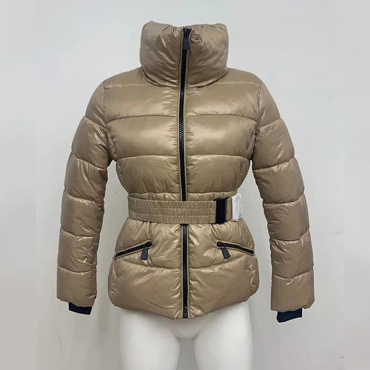 Anychic Womens Padded Puffer Jacket Small Beige Coat With Hood Outdoor Warm Lightweight Outwear With Storage Bag