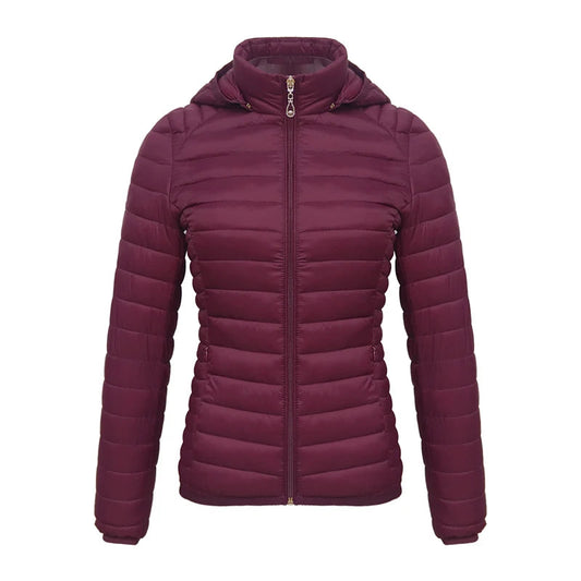 Anychic Womens Padded Puffer Jacket Large Burgandy Solid Lightweight Warm Outdoor Parka Clothing With Detachable Hood