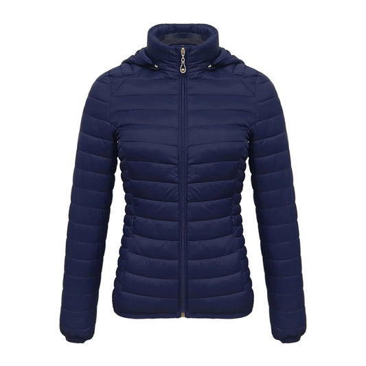 Anychic Womens Padded Puffer Jacket Medium Navy Blue Solid Lightweight Warm Outdoor Parka Clothing With Detachable Hood