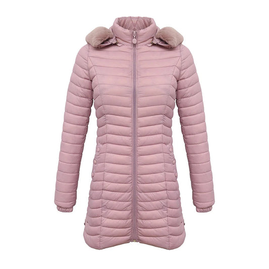 Anychic Womens Padded Puffer Jacket Large Pink Ultralight Casual Coats With Fur Hooded Warm Lightweight Outerwear