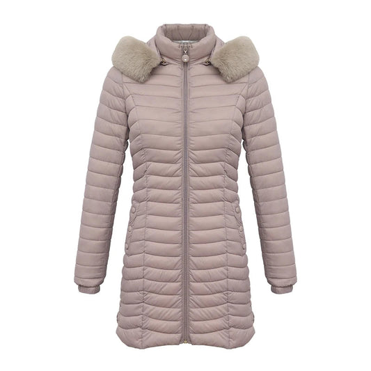 Anychic Womens Padded Puffer Jacket Medium Beige Ultralight Casual Coats With Fur Hooded Warm Lightweight Outerwear