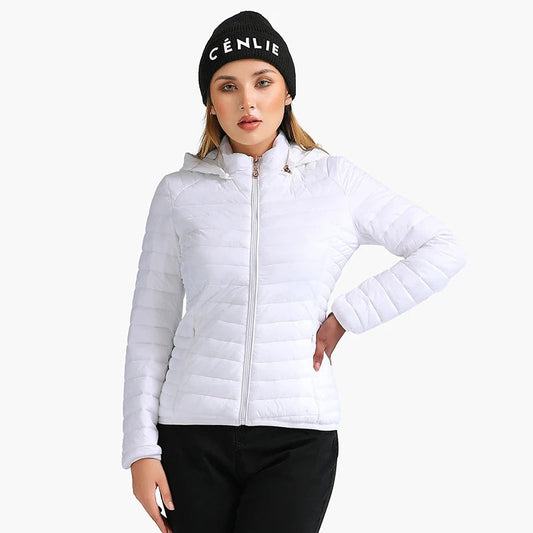 Anychic Womens Padded Puffer Jacket Medium White Coat With Hood Outdoor Warm Lightweight Outwear With Storage Bag