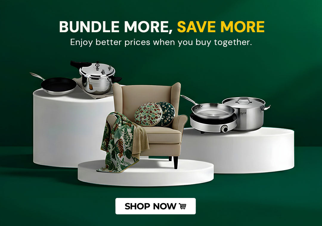 Promotional image with kitchen appliances and a chair, featuring text about bundle deals.