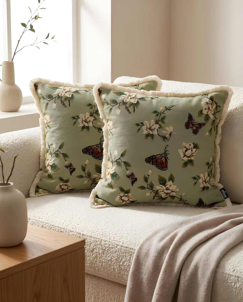 SOGA 2X 45cm Matcha Green French Vintage Butterfly Loves Flowers Tassel Throw pillow