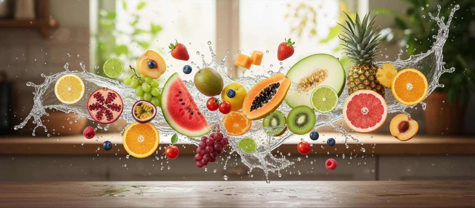 Fruits with water splashes on a wooden surface