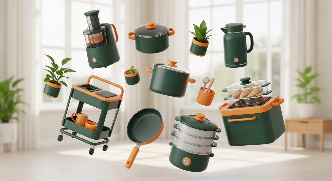 Set of green kitchen utensils and appliances in a bright room with plants.