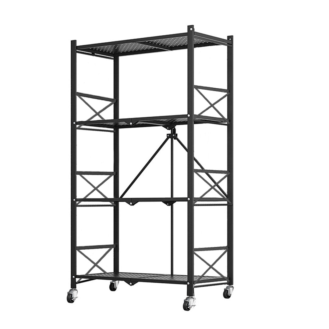 SOGA 4 Tier Steel Black Foldable Display Stand Multi-Functional Shelves Portable Storage Organizer with Wheels
