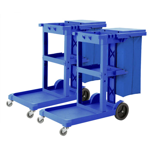 SOGA 2X 3 Tier Multifunction Janitor Cleaning Waste Cart Trolley and Waterproof Bag with Lid Blue