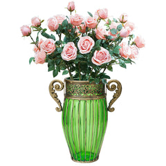 SOGA Green Glass Flower Vase with 8 Bunch 5 Heads Artificial Fake Silk Rose Home Decor Set