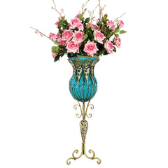SOGA 85cm Blue Glass Tall Floor Vase and 12pcs Pink Artificial Fake Flower Set