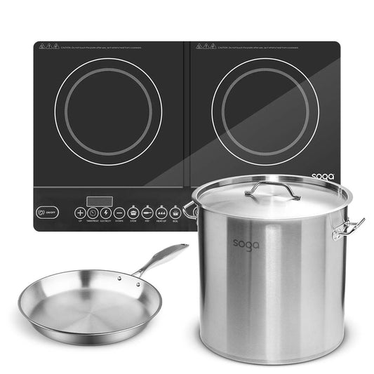 SOGA Dual Burners Cooktop Stove 21L Stainless Steel Stockpot 30cm and 30cm Induction Fry Pan