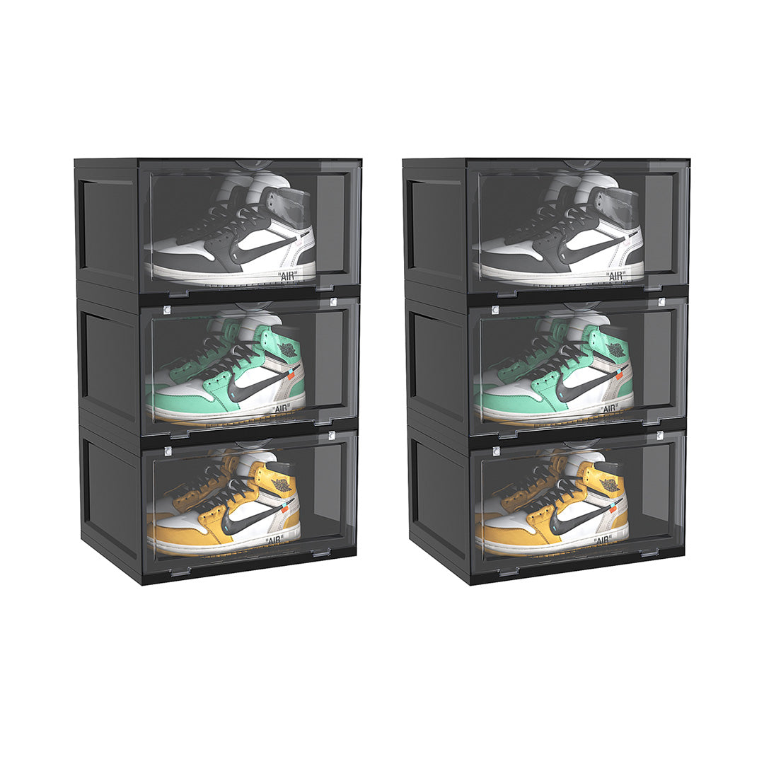 SOGA 2X 3 Tier Black Portable Shoe Organiser Sneaker Footwear Folding Plastic Bin Stackable Storage Box with Magnetic Door