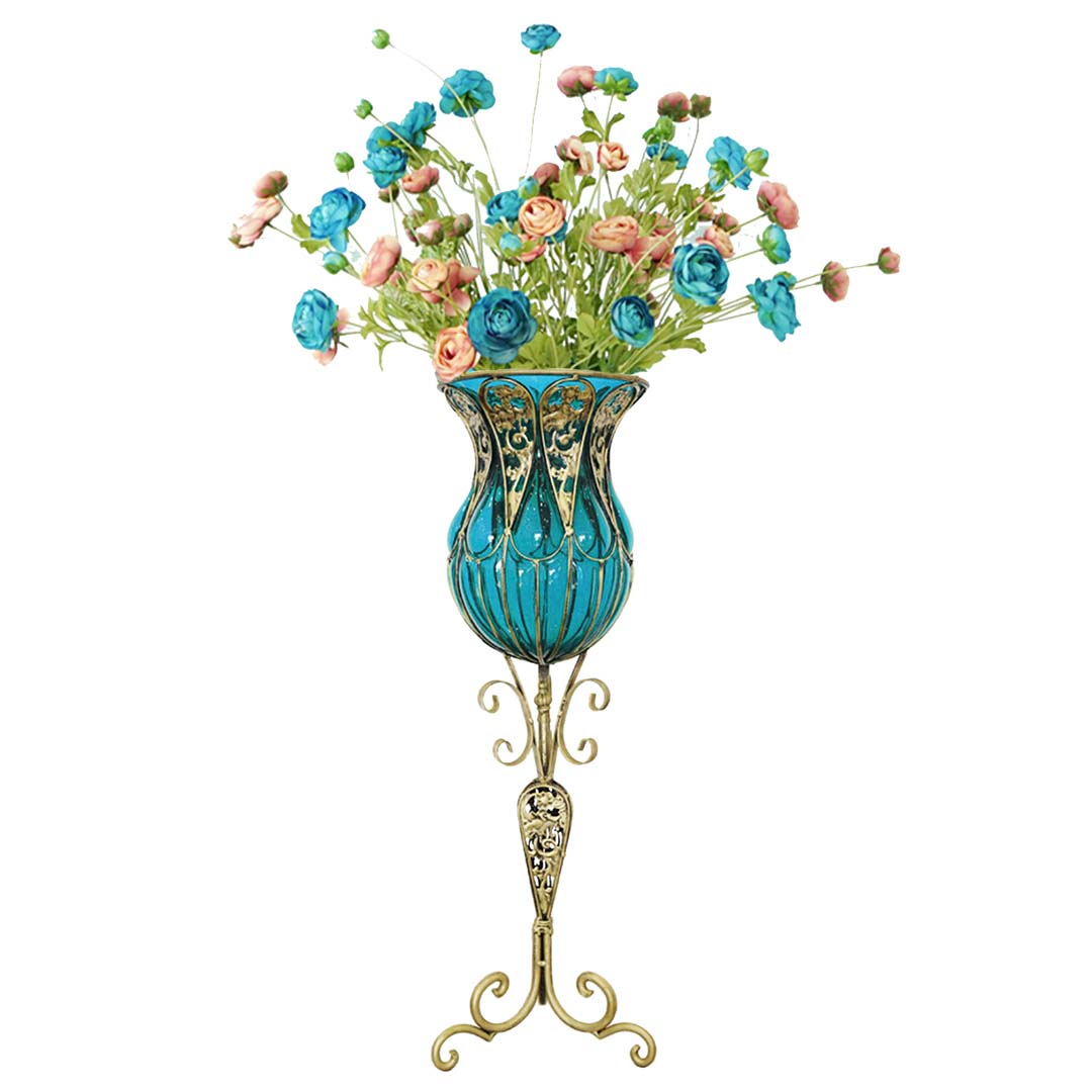 SOGA 85cm Blue Glass Tall Floor Vase and 12pcs Blue Artificial Fake Flower Set