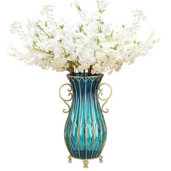 SOGA 51cm Blue Glass Tall Floor Vase and 10pcs White Artificial Fake Flower Set