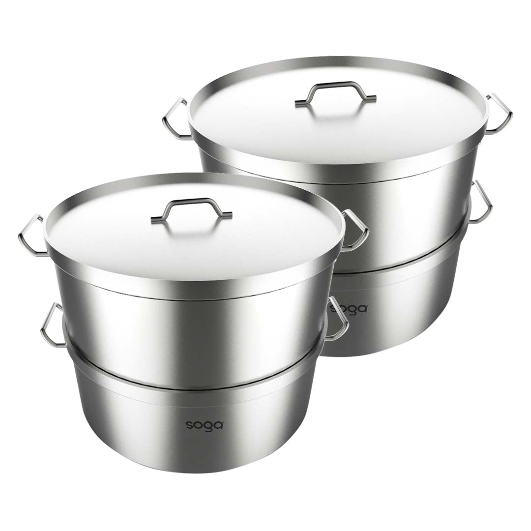 SOGA 2X Commercial 304 Stainless Steel Steamer With 2 Tiers Top Food Grade 40*26cm
