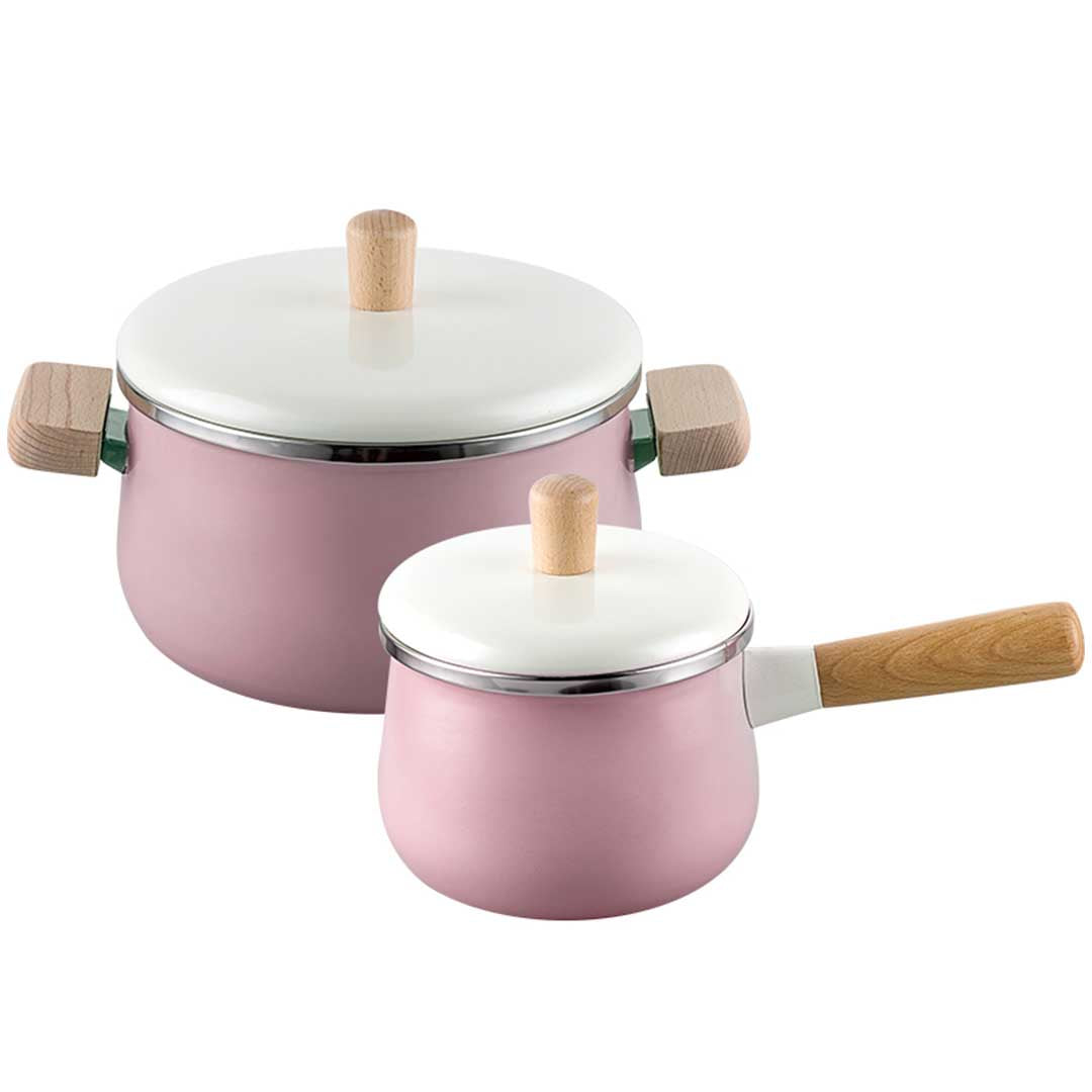 22cm Enamel Milk Pot Ceramic Saucepan with Lid Stockpot Set Pink