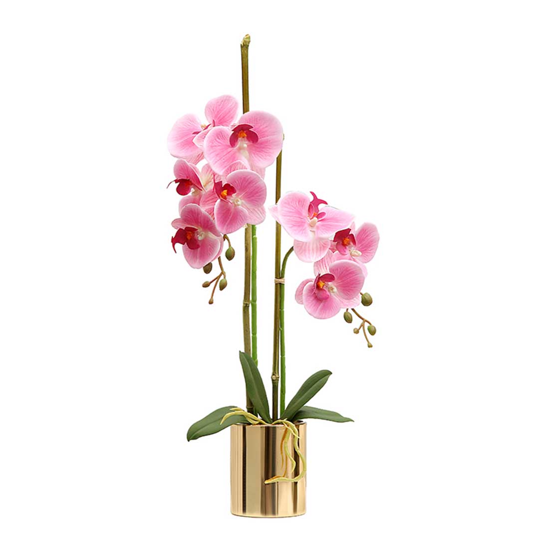 SOGA Pink Artificial Fake Orchid Flower in Copper Metal Vase Set