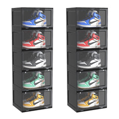 SOGA 2X 5 Tier Black Portable Shoe Organiser Sneaker Footwear Folding Plastic Bin Stackable Storage Box with Magnetic Door