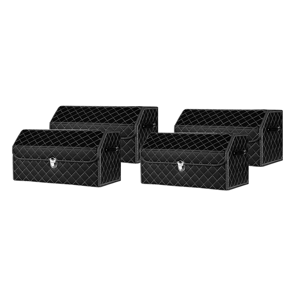 SOGA 4X Leather Car Boot Collapsible Foldable Trunk Cargo Organizer Portable Storage Box Black/White Stitch with Lock Medium