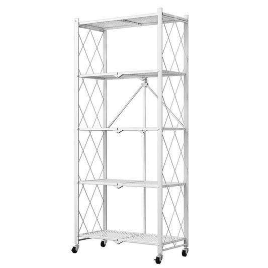 SOGA 5 Tier Steel White Foldable Kitchen Cart Multi-Functional Shelves Portable Storage Organizer with Wheels