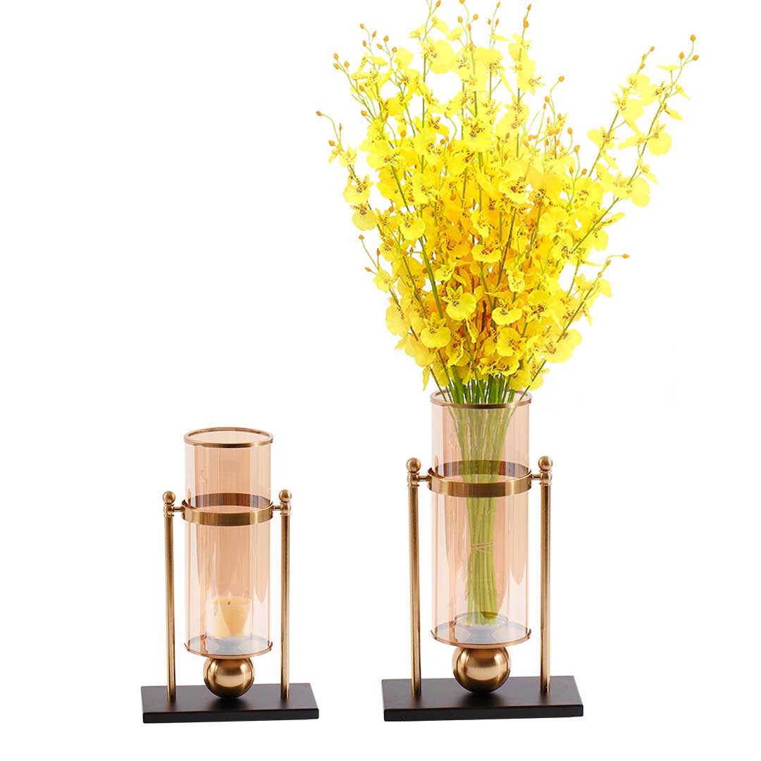 SOGA 40cm Transparent Glass Flower Vase w/ Yellow Flower and 32cm w/ Candle Set
