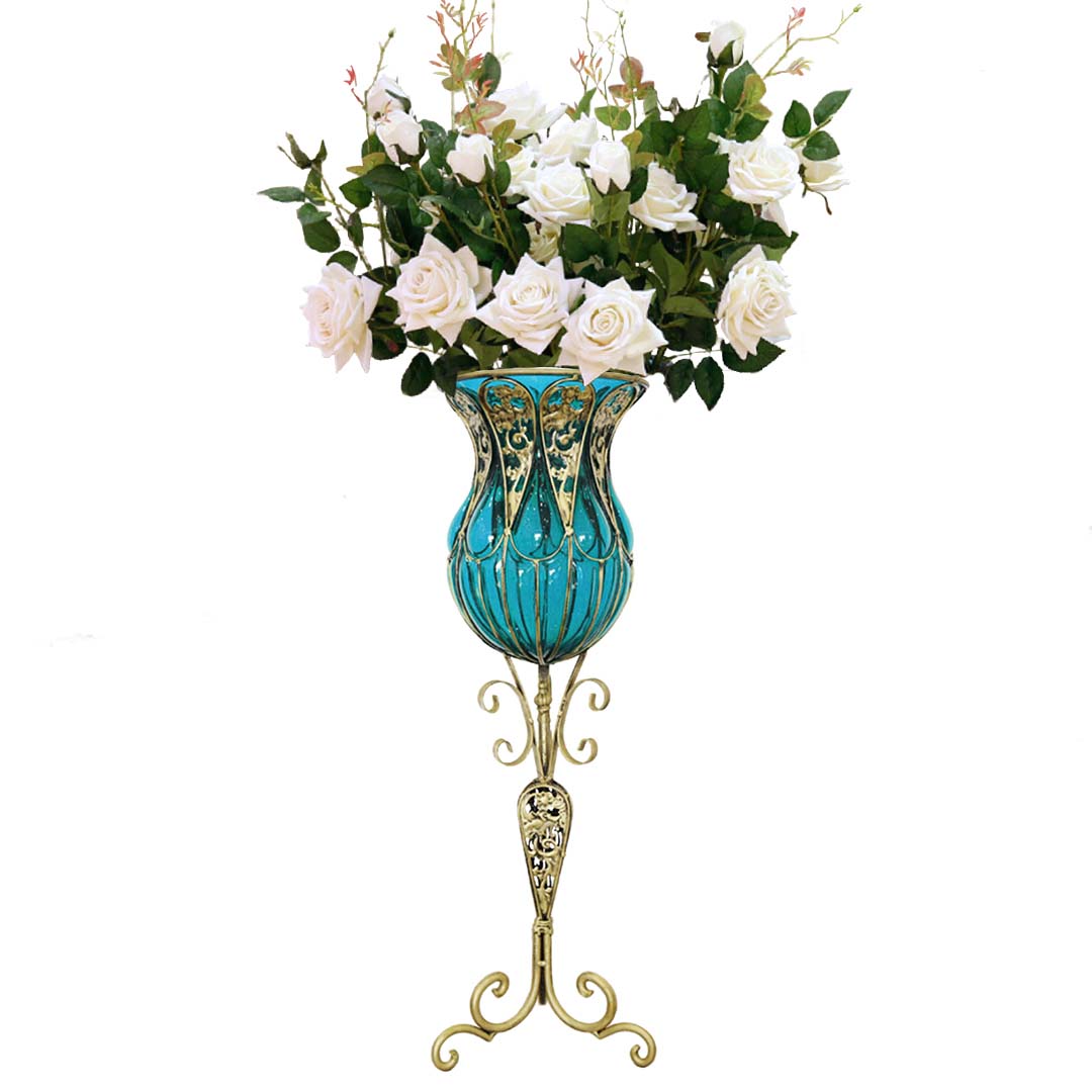 SOGA 85cm Blue Glass Tall Floor Vase and 12pcs White Artificial Fake Flower Set