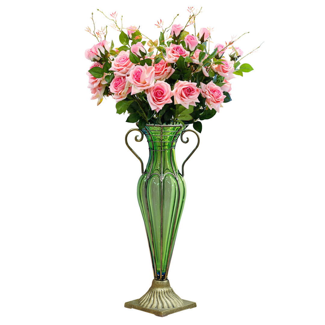 SOGA Green Colored Glass Flower Vase with 6 Bunch 5 Heads Artificial Fake Silk Rose Home Decor Set