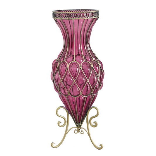 SOGA 67cm Purple Glass Tall Floor Vase with Metal Flower Stand