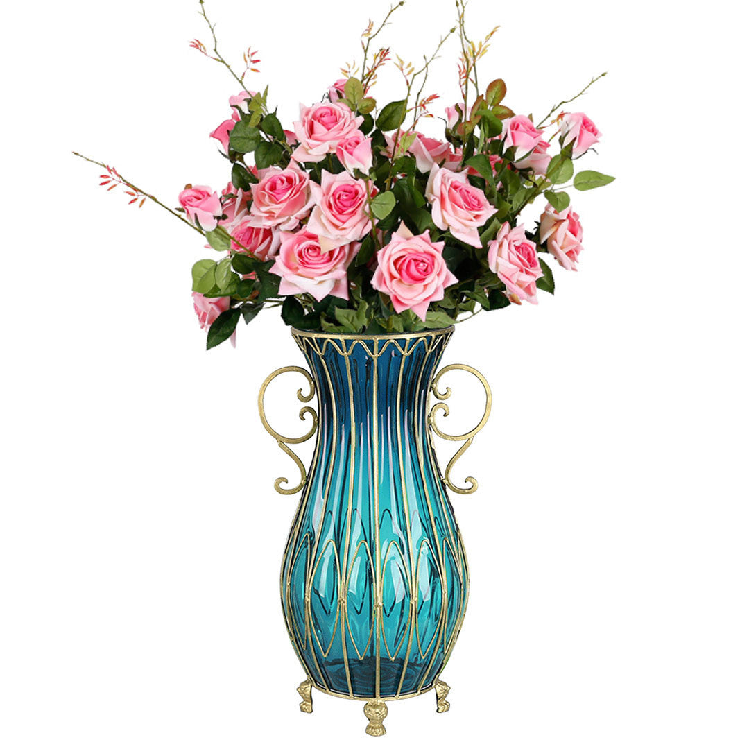 SOGA 51cm Blue Glass Tall Floor Vase with 12pcs Pink Artificial Fake Flower Set