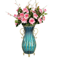 SOGA 51cm Blue Glass Tall Floor Vase with 12pcs Pink Artificial Fake Flower Set
