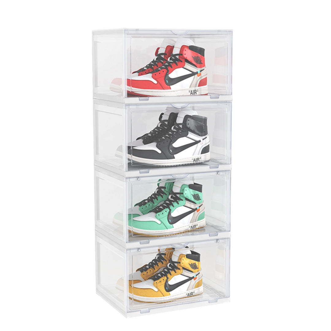 SOGA 4 Tier Transparent Portable Shoe Organiser Sneaker Footwear Folding Plastic Bin Stackable Storage Box with Magnetic Door
