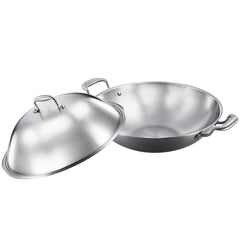 SOGA 3-Ply 38cm Stainless Steel Double Handle Wok Frying Fry Pan Skillet with Lid