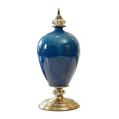 SOGA 42cm Ceramic Oval Flower Vase with Gold Metal Base Dark Blue
