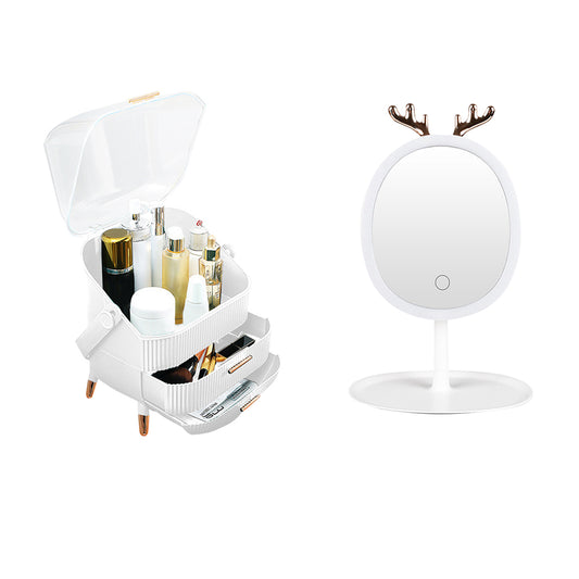 SOGA White Cosmetic Jewelry Storage Organiser with Antler LED Light Mirror Tabletop Vanity Set