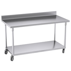 SOGA 150cm Commercial Catering Kitchen Stainless Steel Prep Work Bench Table with Backsplash and Caster Wheels