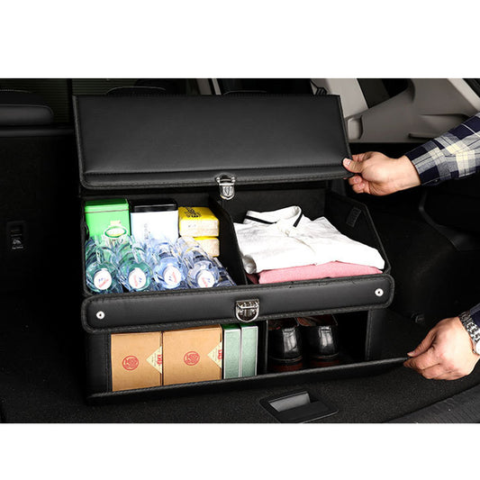 SOGA 4X 56cm Leather Car Boot Collapsible Foldable Trunk Cargo Organizer Portable Storage Box with Lock Black