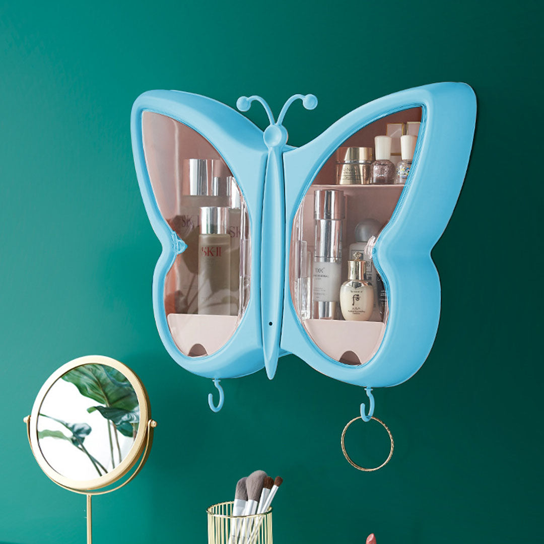SOGA Blue Butterfly Shape Wall-Mounted Makeup Organiser Dustproof Waterproof Bathroom Storage Box Home Decor