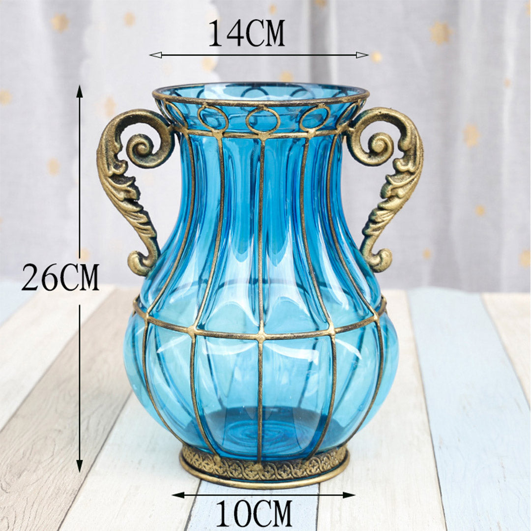 SOGA Blue Colored Glass Flower Vase with 10 Bunch 6 Heads Artificial Fake Silk Lilium nanum Home Decor Set