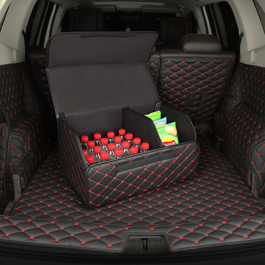 SOGA 2X Leather Car Boot Collapsible Foldable Trunk Cargo Organizer Portable Storage Box Black/Red Stitch Medium