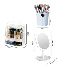 SOGA 2 Tier White Countertop Cosmetic Makeup Brush Lipstick Holder Organiser and 20cm Rechargeable LED Light Tabletop Mirror Set