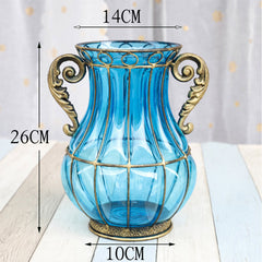 SOGA Blue Colored Glass Flower Vase with 10 Bunch 6 Heads Artificial Fake Silk Rose Home Decor Set