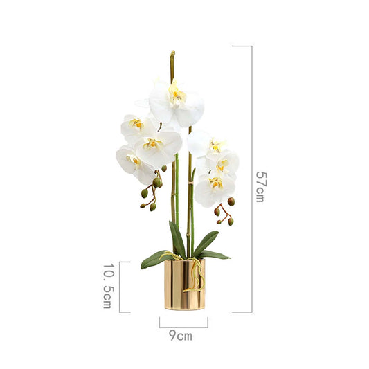SOGA 2X White Artificial Fake Orchid Flower in Copper Metal Vase Set
