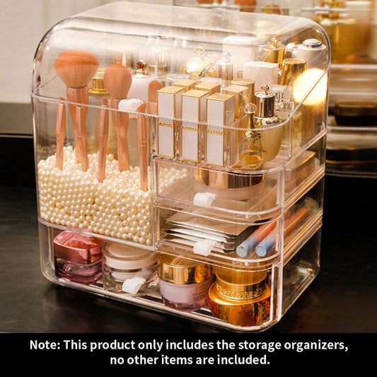 SOGA Transparent Cosmetic Storage with Pearls Skincare Holder and 20cm White Rechargeable LED Light Makeup Tabletop Mirror Set
