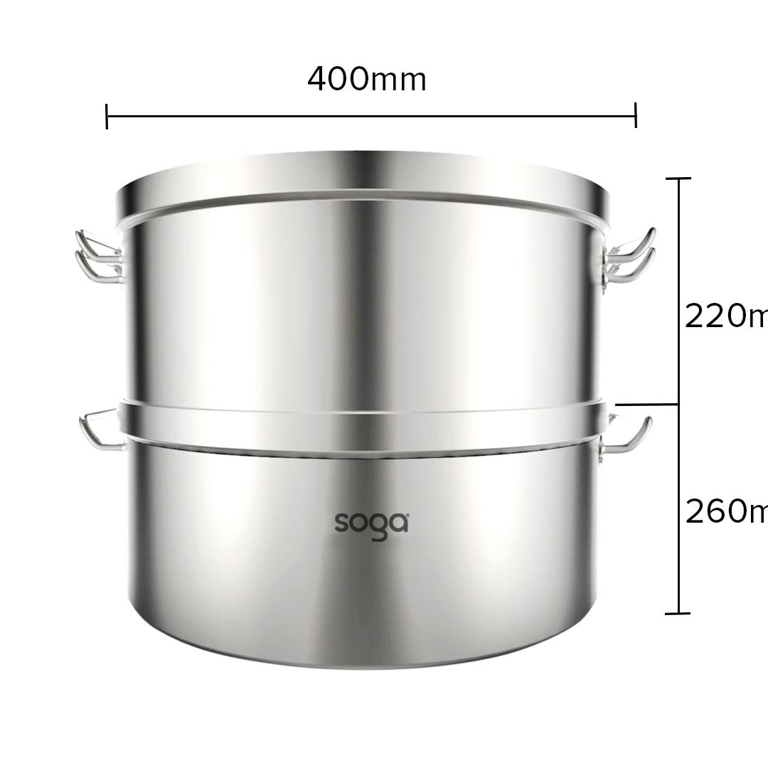 SOGA 2X Commercial 304 Stainless Steel Steamer With 2 Tiers Top Food Grade 40*26cm