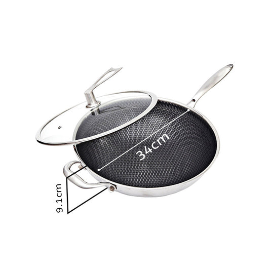 SOGA 34cm Stainless Steel Tri-Ply Frying Cooking Fry Pan Textured Non Stick Skillet with Glass Lid and Helper Handle