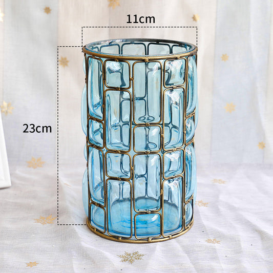 SOGA Blue Glass Cylinder Flower Vase with 10 Bunch 6 Heads Artificial Fake Silk Lilium nanum Home Decor Set