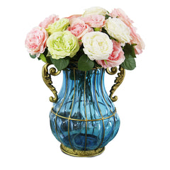 SOGA Blue Colored European Glass Home Decor Flower Vase with Two Metal Handle