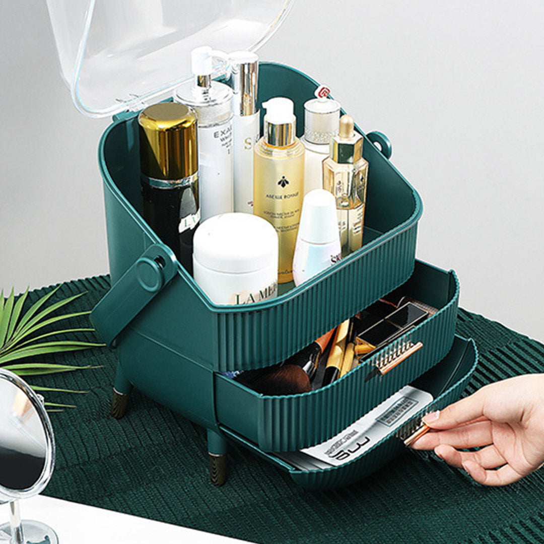 SOGA 2X 29cm Green Countertop Makeup Cosmetic Storage Organiser Skincare Holder Jewelry Storage Box with Handle
