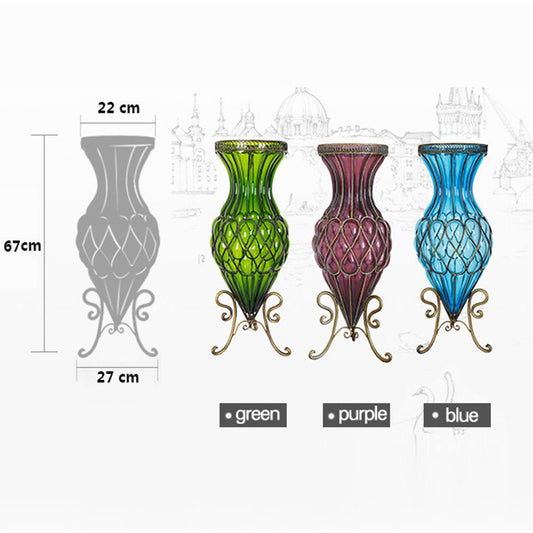 SOGA 67cm Green Glass Tall Floor Vase and 12pcs Dark Pink Artificial Fake Flower Set